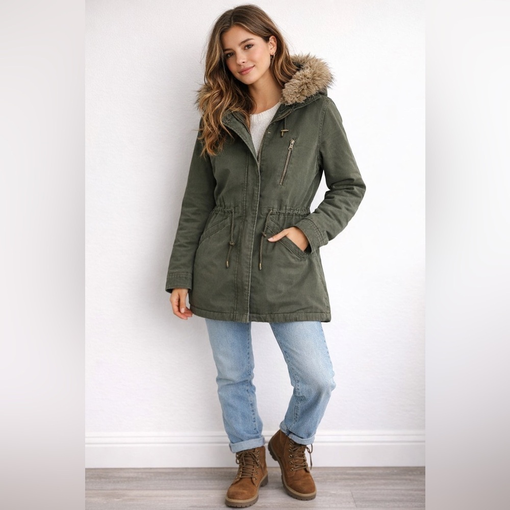 Banana Republic Olive Green Faux Fur Hooded Parka Jacket Size Small Utility Coat